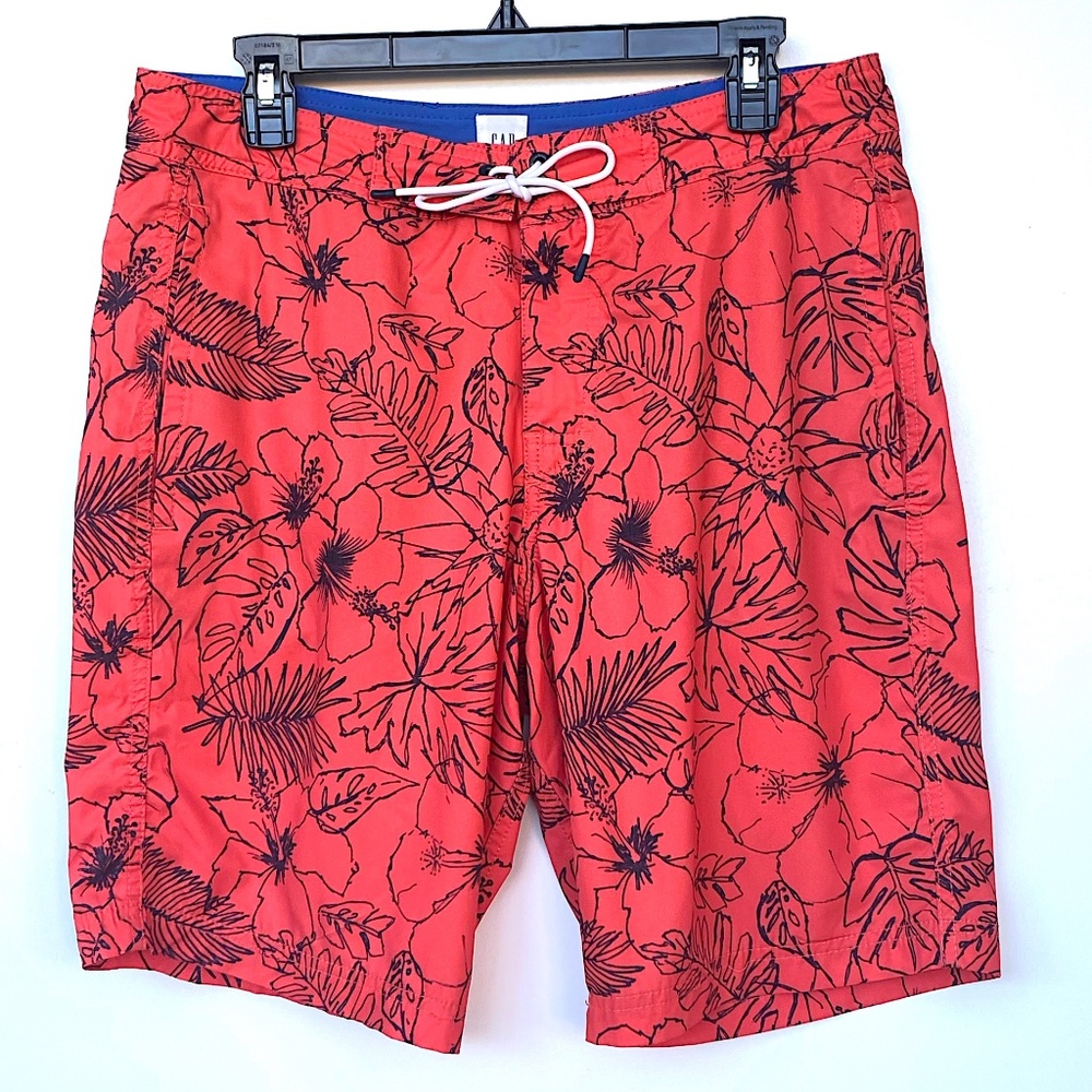 GAP Novelty Boardshorts Swimsuit Swim Shorts Stretch Hibiscus Red Size Medium